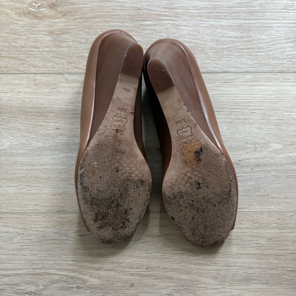 Tory Burch Brown Peep-Toe Wedge Heels with Gold Logo - Picture 6 of 6